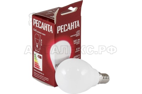 Лампа Ресанта, светодиодная LL-R-G45-7W-230-4K-E14 (шар, 7Вт, нейтр., Е14)