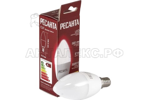 Лампа Ресанта, светодиодная LL-R-C37-7W-230-3K-E14 (свеча, 7Вт, тепл., Е14)