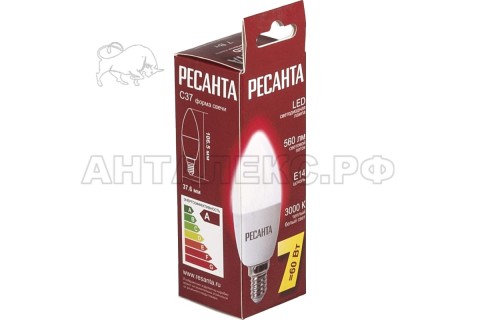 Лампа Ресанта, светодиодная LL-R-C37-7W-230-3K-E14 (свеча, 7Вт, тепл., Е14)