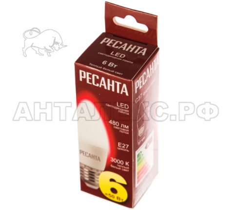 Лампа Ресанта, светодиодная LL-R-C37-6W-230-3K-E27 (свеча, 6Вт, тепл., Е27)