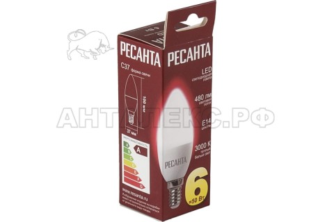 Лампа Ресанта, светодиодная LL-R-C37-6W-230-3K-E14 (свеча, 6Вт, тепл., Е14)