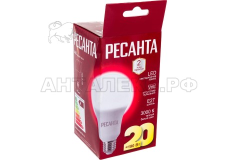 Лампа Ресанта, светодиодная LL-R-A80-20W-230-3K-E27 (груша, 20Вт, тепл., Е27)