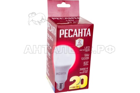 Лампа Ресанта, светодиодная LL-R-A80-20W-230-3K-E27 (груша, 20Вт, тепл., Е27)