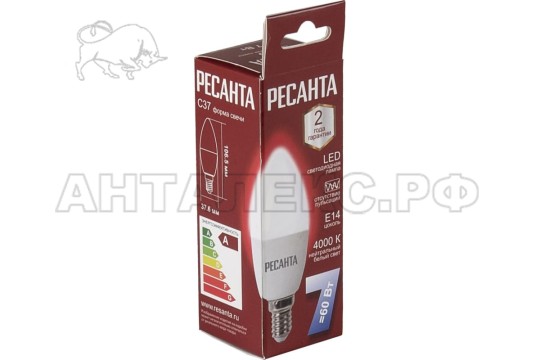 Лампа Ресанта, светодиодная LL-R-C37-7W-230-4K-E14 (свеча, 7Вт, нейтр., Е14)